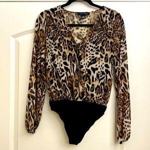 a love story Leopard Body Suit Womens M sheer crossover front Animal print Sexy